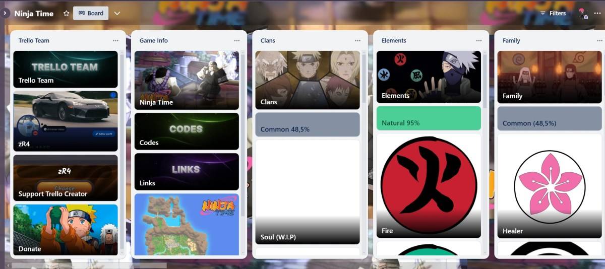 忍者Time Roblox游戏的Trello Board的预览