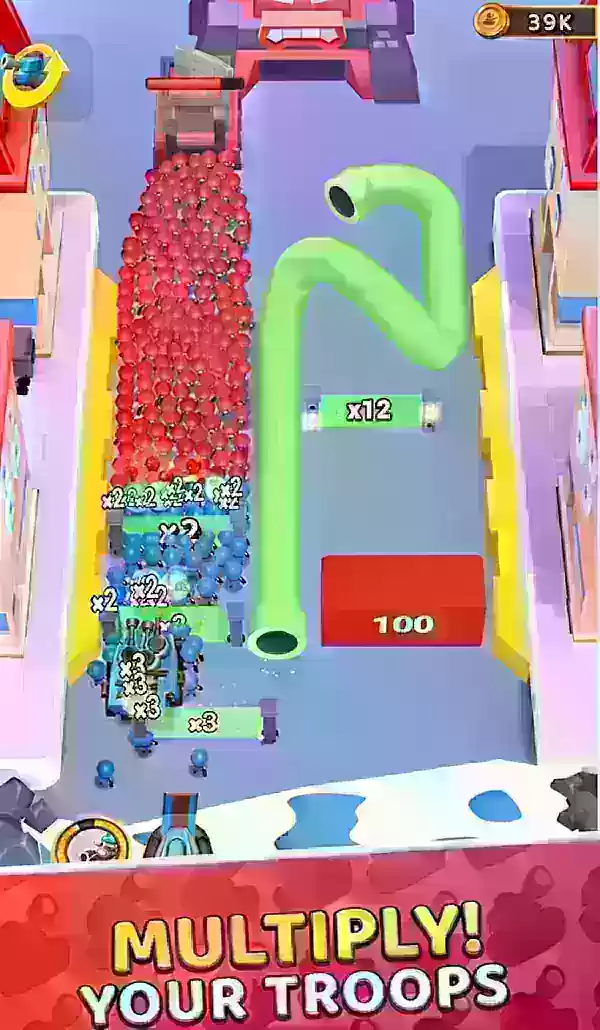 Grunziger Rush -Screenshot zeigt, wie blaue Einheiten durch Multiplikator -Tore gelangen.