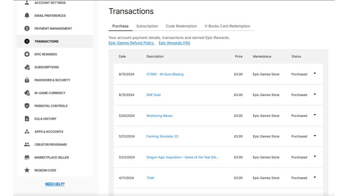Epic Games transactions page