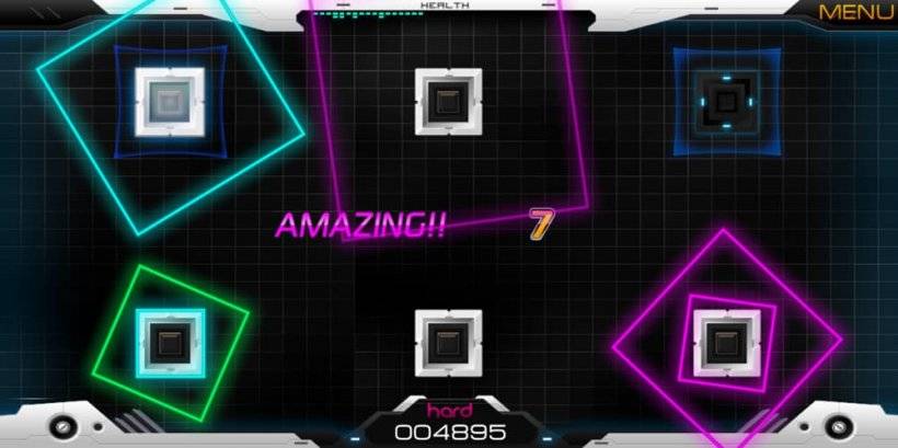 Gameplay ng Rhythm Control 2 na nagtatampok ng pag -tap sa anim na magkakaibang mga node na may mabagal na bilog na nagsasara sa nasabing mga node