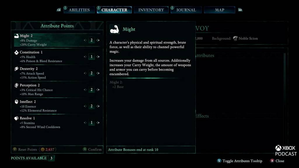 Lista de atributos em Avowed, do Xbox Podcast