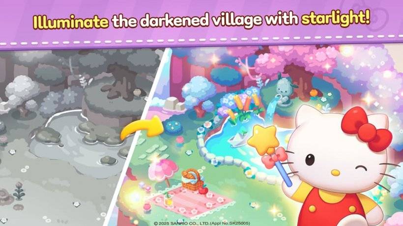 Una foto di Hello Kitty che agita una bacchetta magica su un paesaggio che sta restaurando il colore