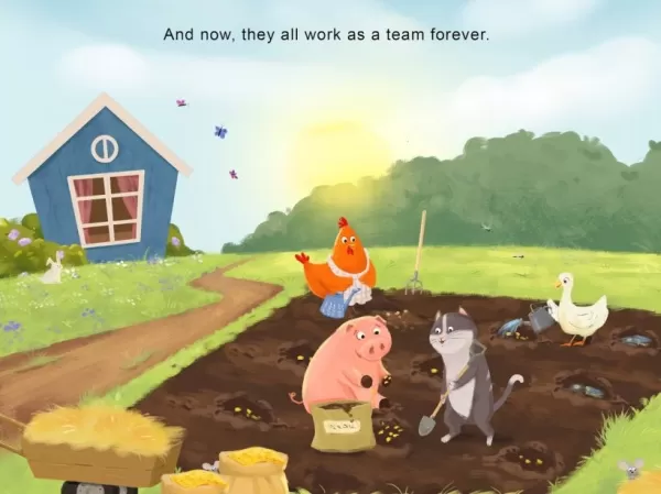 Animaux de ferme collaborant dans une illustration dessinée à la main