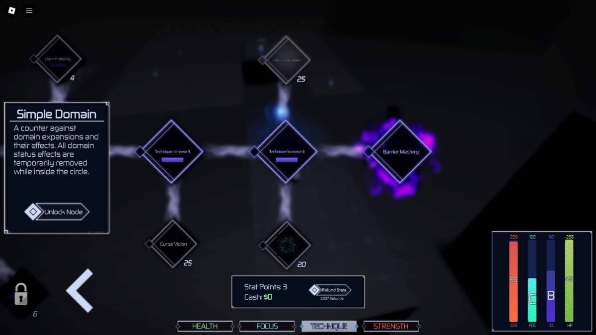 Jujutsu Infiniteのテクニックツリー上の単純なドメイン