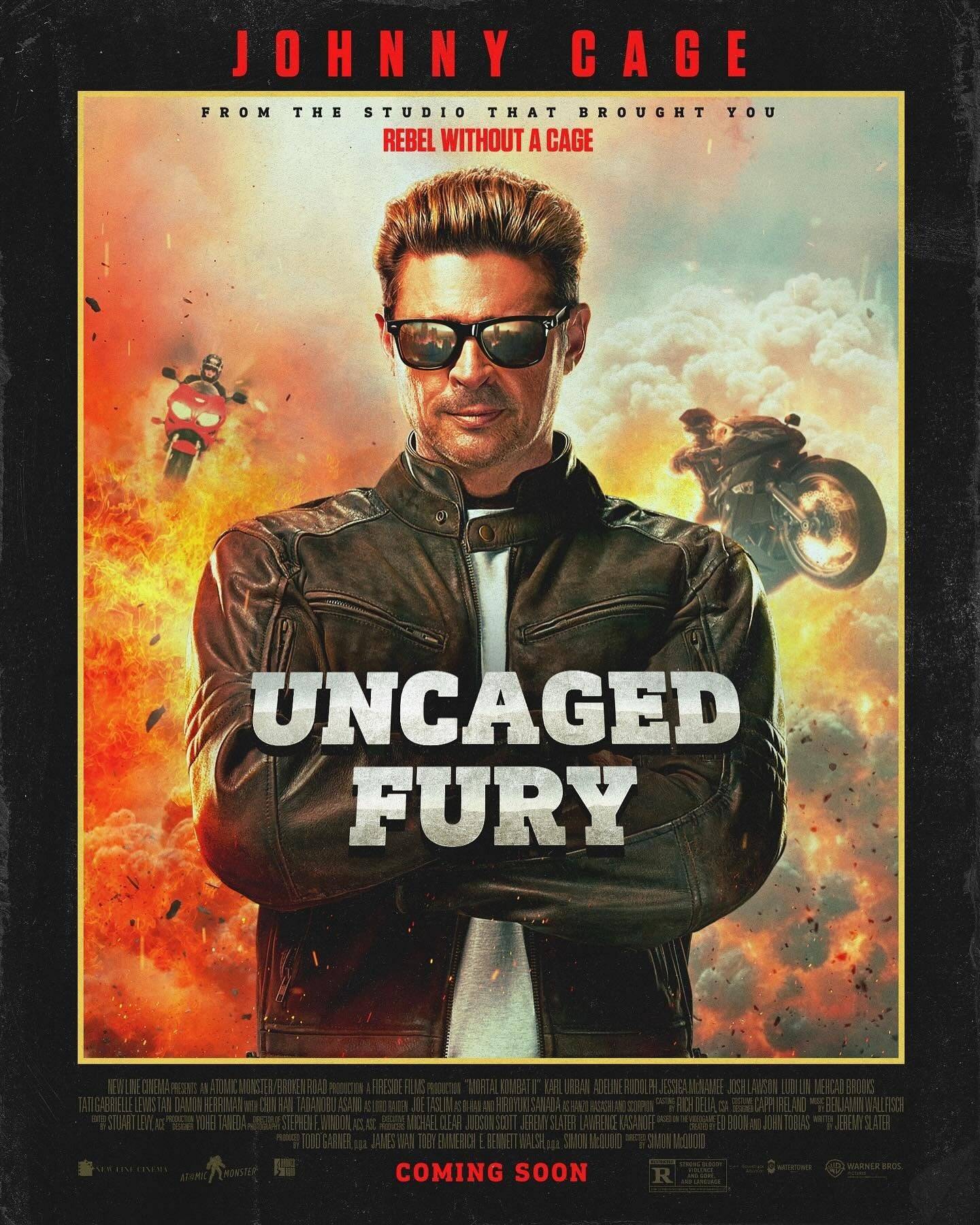Isang pekeng poster ng pelikula para sa isang pelikulang Johnny Cage na nagtataguyod ng tunay na pelikula, Mortal Kombat 2. Credit: Warner Bros.
