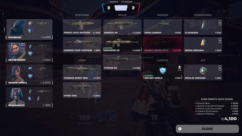 The buy screen in Fortnite Ballistic showcasing optimal item choices.