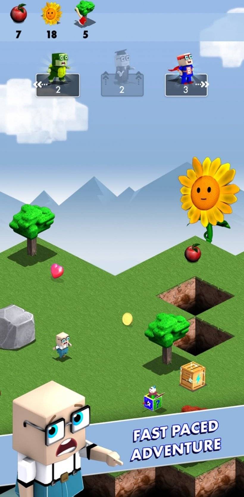 Isang screenshot ng walang katapusang runner mr box na may titular kalbo, block-head na tao na tumatakbo kasama ang isang isometric grid dodging attackers